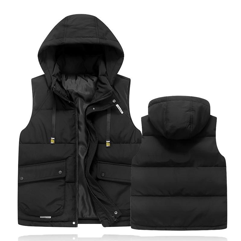 Large Pocket Cotton Vest Men's Autumn and Winter Trend Thickened Thermal Vest Student Hooded Jacket