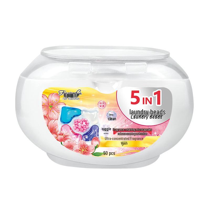 Box of 50, 5-in-1 Laundry Beads: Long-Lasting Fragrance, Softening, Cleaning, Stain Removal, Five-Chamber Pods.