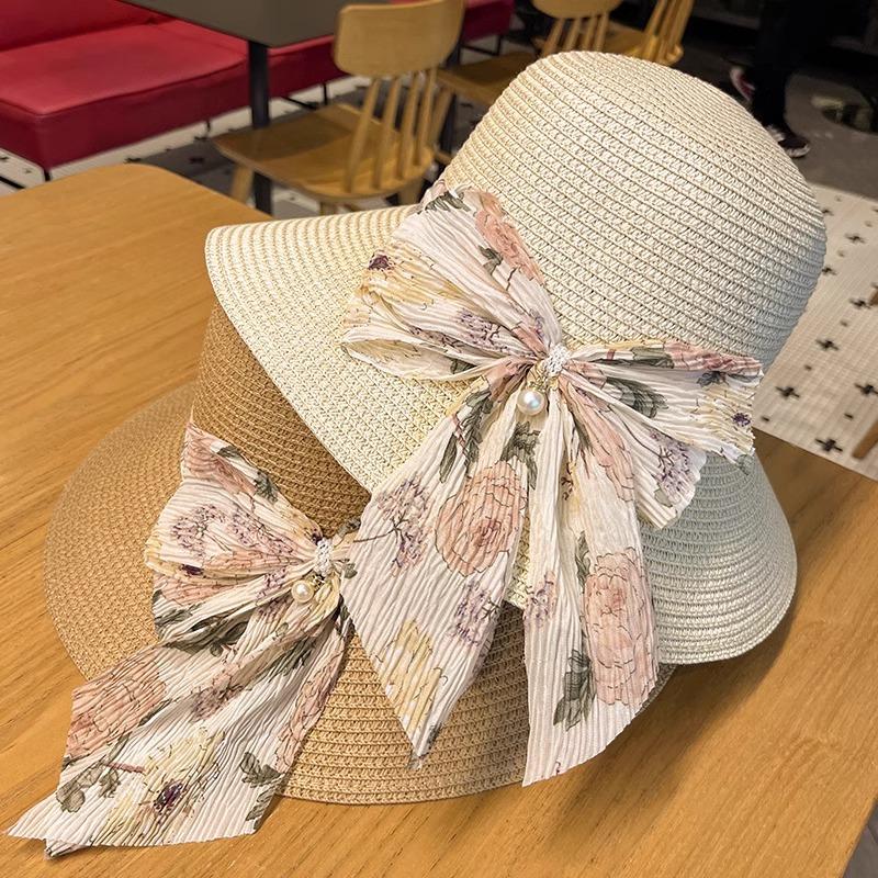 Straw Hat Lady Summer New Bow Streamer Fisherman Hat Fashion Versatile Wide Brim Sun Hat