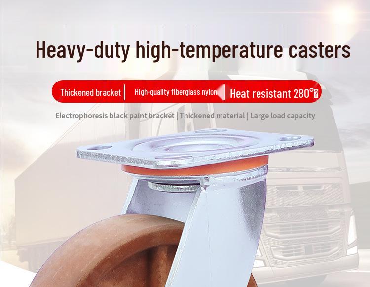 Heavy-Duty High-Temperature Resistant Casters: 4", 5", 6", 8" Wear-Resistant Glass Fiber Nylon Oven Swivel Casters, 300-Degree Brown-Red.
