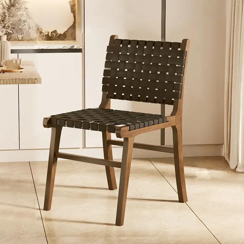 Nordic Wooden Rattan Lightweight Luxury Balcony Chair Rope-Woven Lazy Recliner Stylish Saddle Backrest Seat