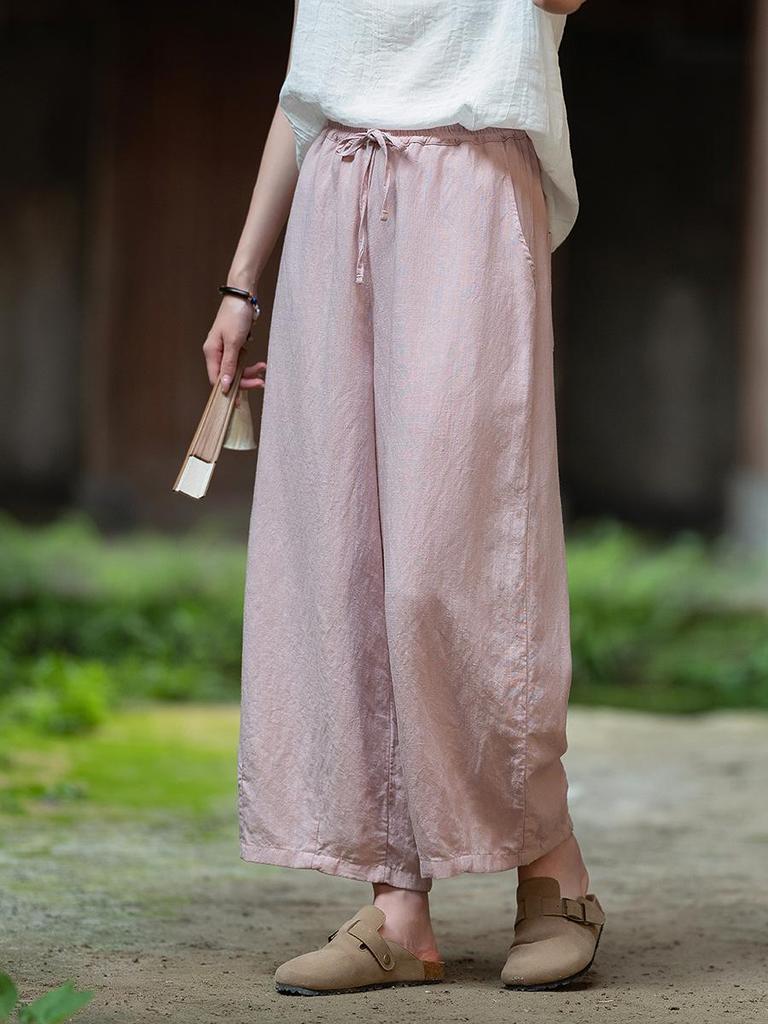 Spring Literary Linen Balloon Wide-Leg Pants - Women's Washed Cotton Nine-Point Loose Fit