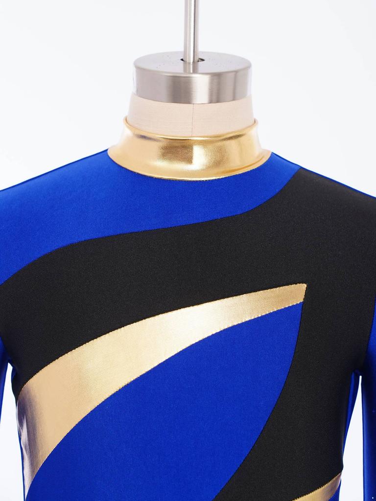 Boys Color Block Gymnastics Jumpsuit Metallic Mock Neck Long Sleeve Back Invisible Zipper Bodysuit