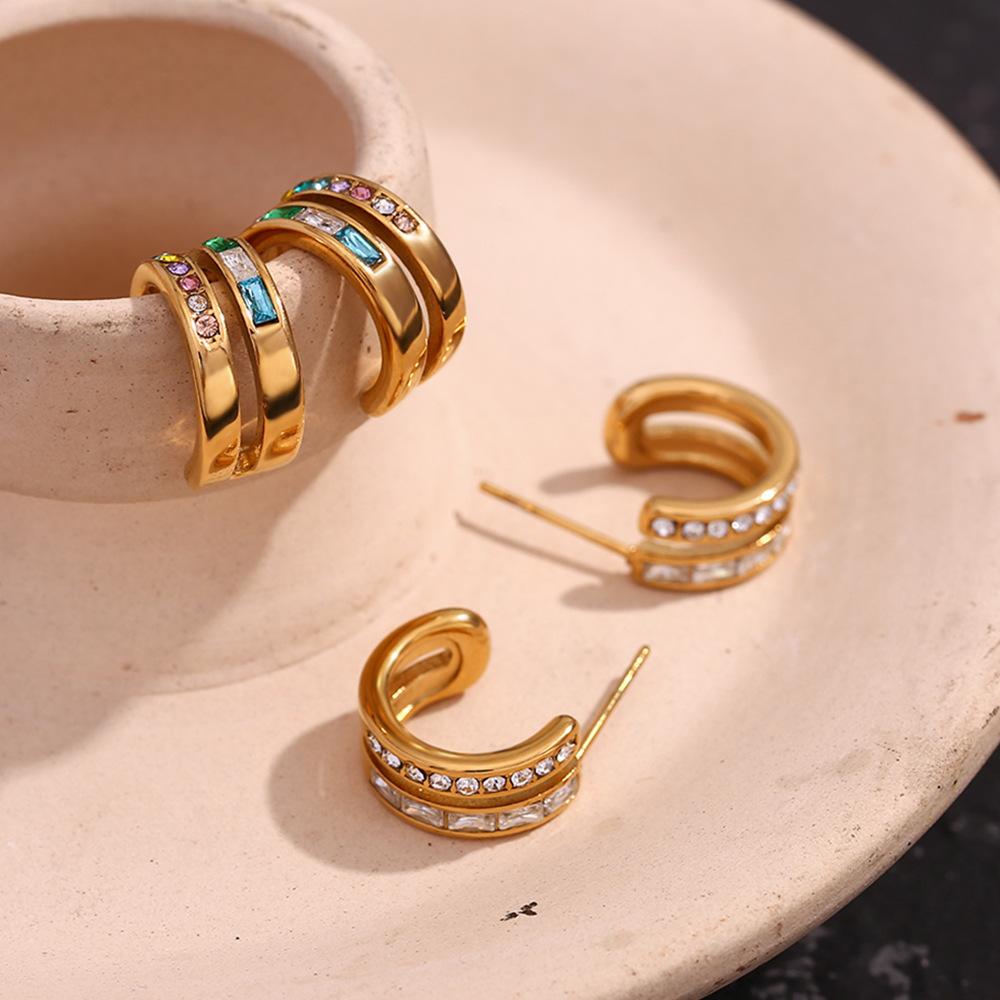 Women's Dainty Colorful Zircon Hoop Earrings Double Layer C Shape 18K Gold Plated Stainless Steel Trendy Style Blue Finch