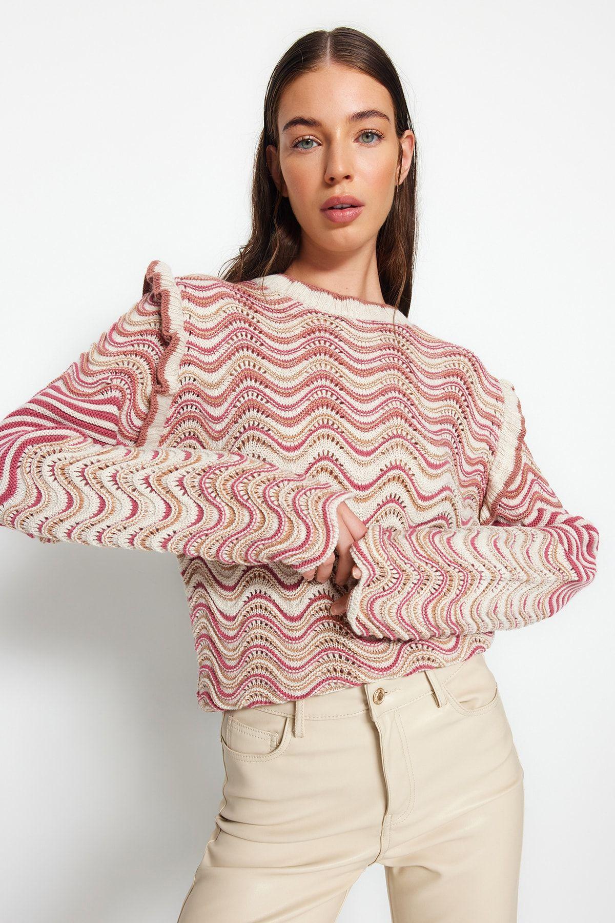 

Women s Fashionable Stylish Sweater Stone Patterned Ruffle Detailed Knitwear Sweater M