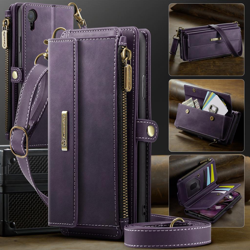 For iPhone XR 6.1 inch Case CASEME C39 RFID Blocking Zipper Wallet Stand Leather Cover with Strap