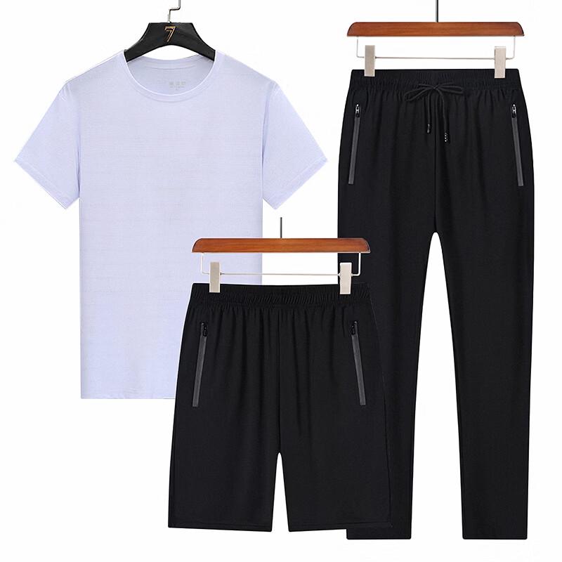 ROMON Men's Ice Silk Short Sleeve Casual Sportswear 3-Piece Set