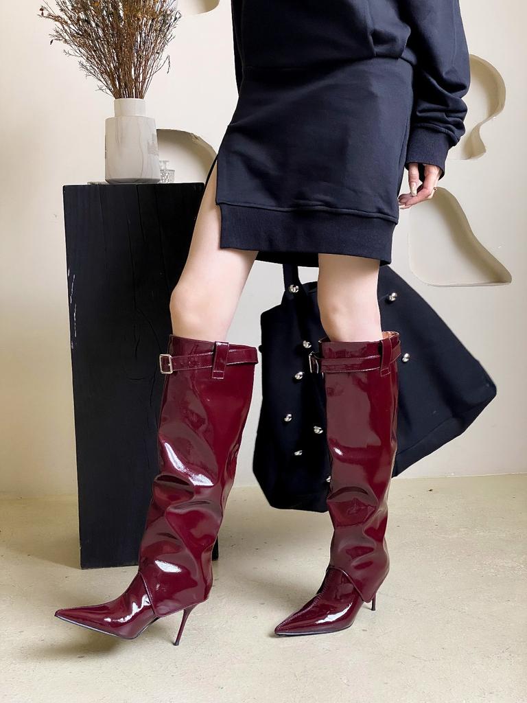 European and American style pointed head high heel patent leather glossy belt buckle high tube but knee boots knight boots female Martin boots
