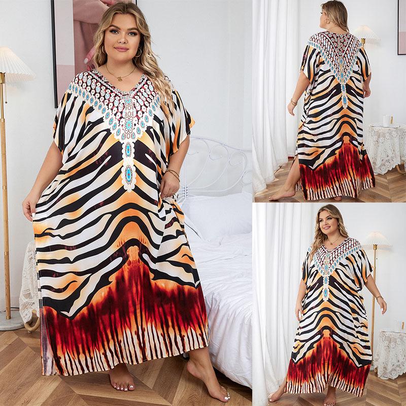 European-American Rayon Print Plus Size Beach Cover-Up Dress & Long Robe