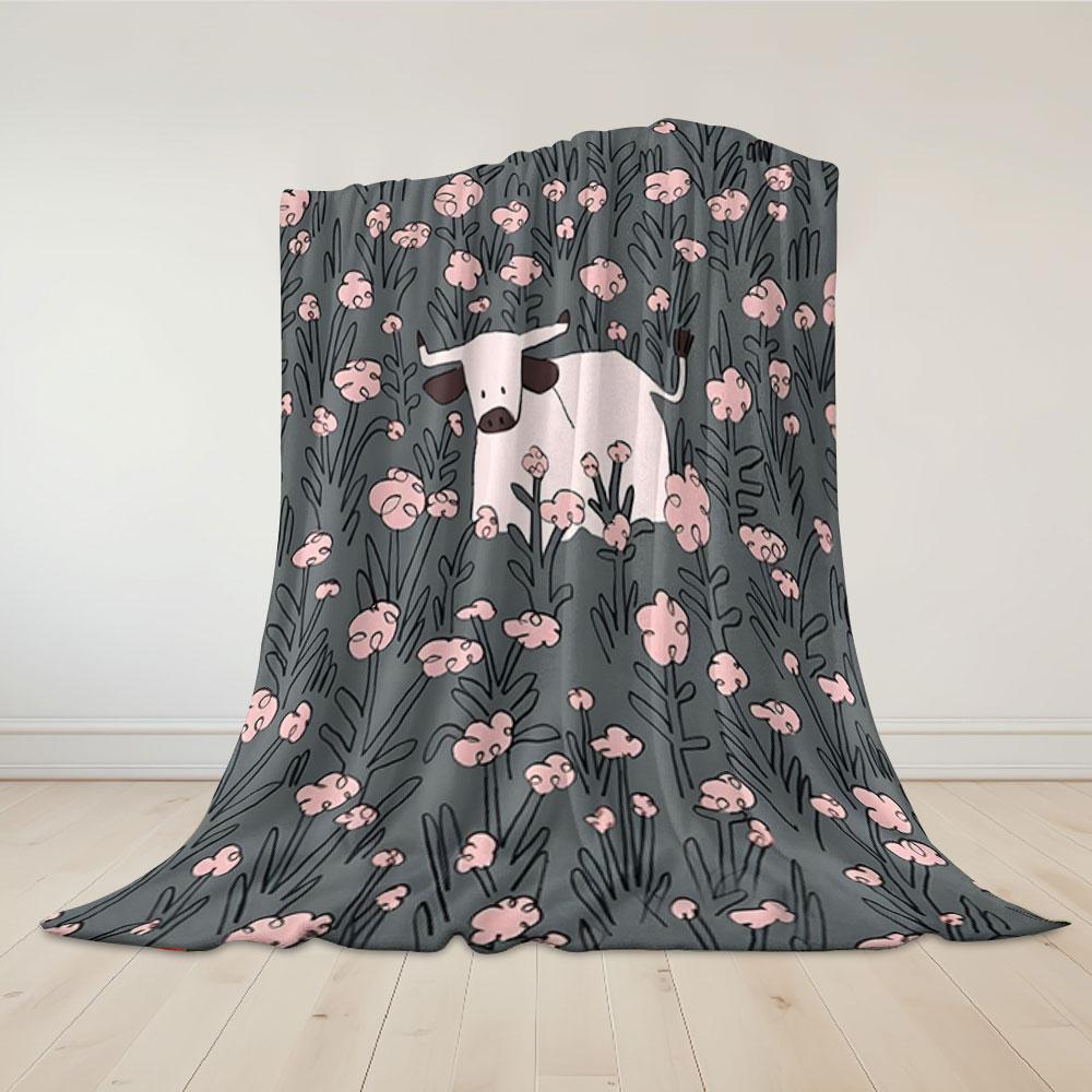 Cartoon Cow In Floral Field Flannel Blanket Warm Soft Halloween Christmas Couch Warm Cozy Decorative Decor Gift for All Season