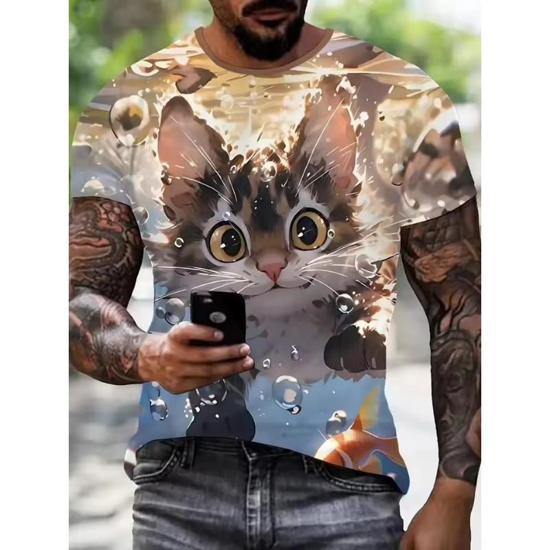Summer Men's Funny Cute Cat 3d Printed Short Sleeve T-Shirt Loose Street Wear T-Shirt Casual Simple Suitable Children