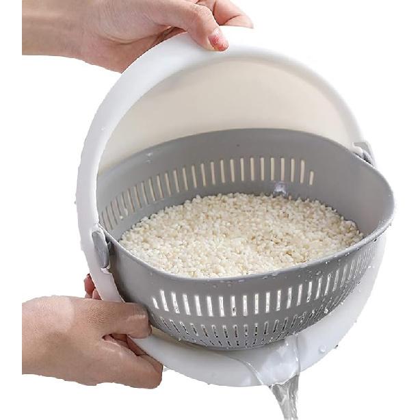 Double Layer Swivel Drainer 2 in 1 Bowl Strainer Combo - Kitchen Colander Fruit Wash Strainer for Cleaning Veggies, Noodles (White)