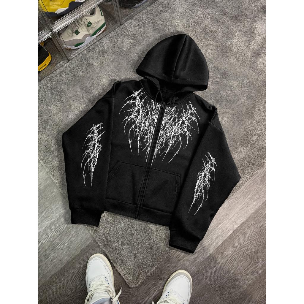 Hip-Hop Streetwear Marke: Kapuzenpullover mit 'Dark Thorns'-Print; lockerer, vielseitiger Reißverschluss-Pullover für Paare