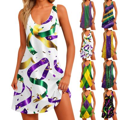 Damen Casual Print Sommer Bohemian Strandkleid mit Taschen V-Ausschnitt Tank Kleid
