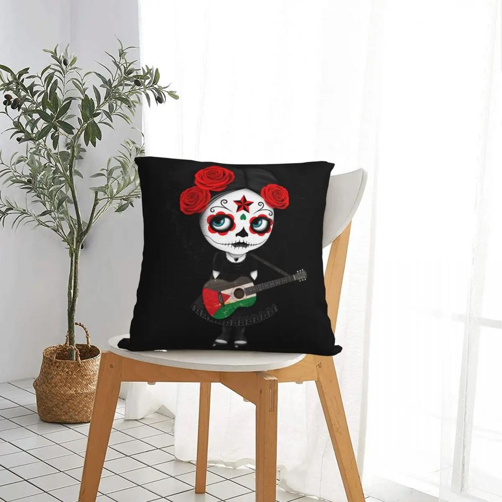 Sugar Skull Girl Playing  Flag Guitar Pillowcase Cushion Cover Decorations Halloween Horrible Pillow Case Cover Home