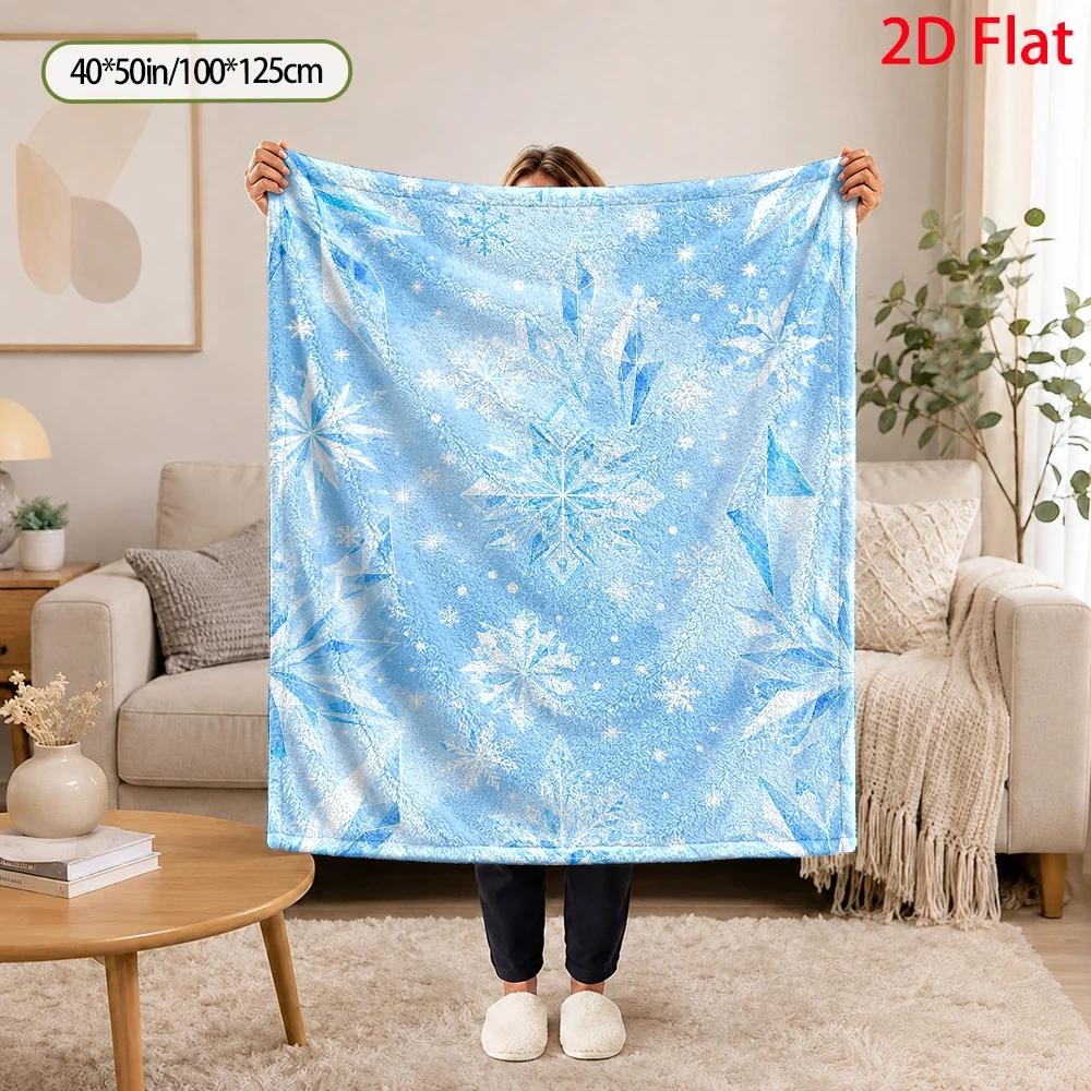 2D Flat, 280Gsm, Flannel Blanket with Winter Snowflake Crystal Pattern, Flannel Fleece Blanket with Whimsical Watercolor Ice Crystal Illustration, Thr