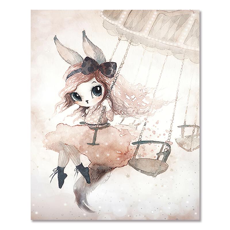 Väggkonst Kanin Flicka Djur Abstrakt Duk Målning Nordisk Akvarelltryck Barn Sovrum Vardagsrum Affisch Bild Heminredning