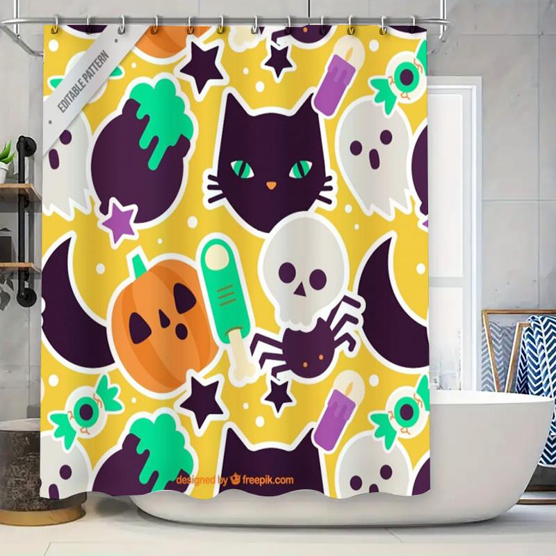 Halloween-themed shower curtain featuring cute ghost cat designs perfect for spooky Halloween decor! (#halloweendecor #showercur