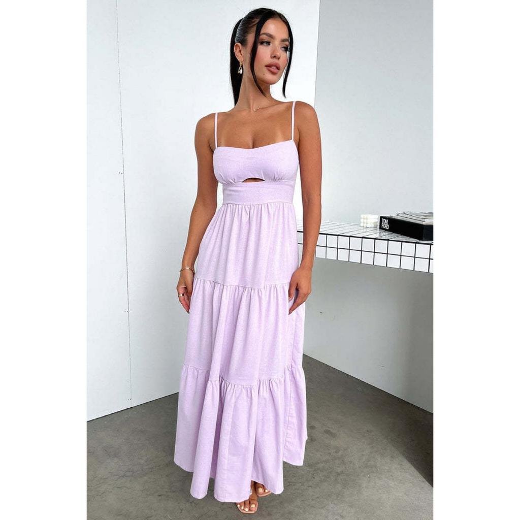 New Women's Elegant Solid Color Low-cut V-neck Suspender High Waist Flowy Maxi Long Dress For Party Evening Casual
