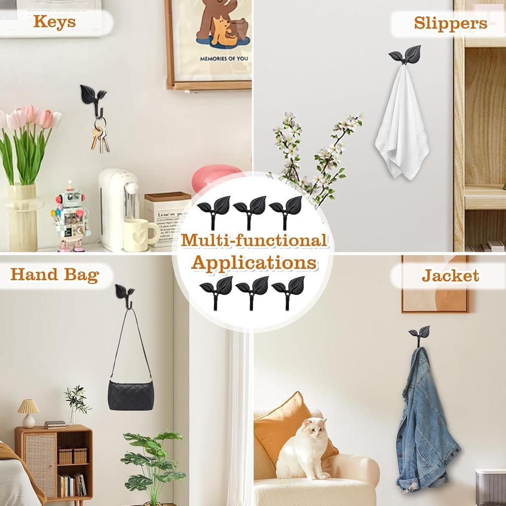 Set of 4 Vintage Leaf Wall Hooks Black Metal Coat Hooks Heavy Duty Decorative Iron Hook Wall Mounted Hangers for Hanging Towels Coats Hats Scarf Bags