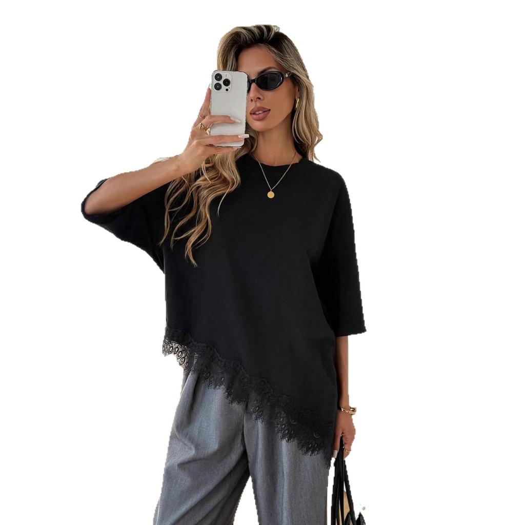 2026 Summer Women's Clothing New Style Temperament Design Sense Diagonal Hem Lace Splicing Short Sleeved Plus Size T-shirt Top For Women