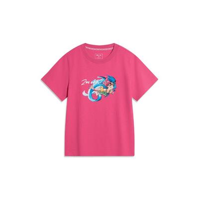 Li Ning Casual Cartoon Pattern Printed Round Neck Short Sleeve T-Shirt Women Tops Bright-Pink ATST808-5