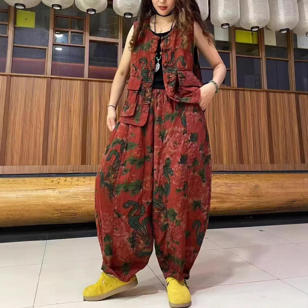 Spring Women's Retro Casual Set: Artistic Vest & Elastic Waist Pants