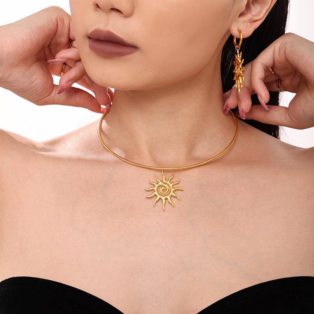 18k Gold-Plated Titanium Spiral Sun Pendant Necklace & Earrings Set