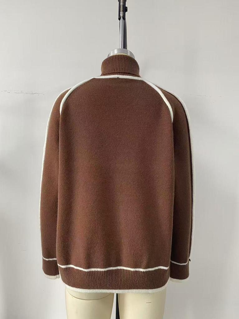 Autumn Winter Women's High Neck Color Block Raglan Sleeve Loose Sweater