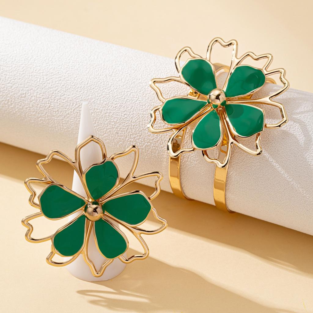 Women's Jewelry Set, Stereo Flower Green Holiday Style Ring Bracelet, Suitable for Daily Wear and Vacation