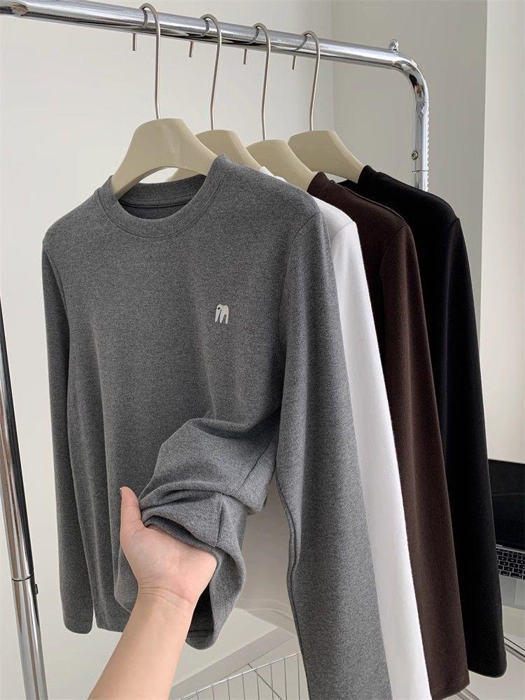 Korean-Style Embroidered Women's Thickened Long Sleeve T-Shirt