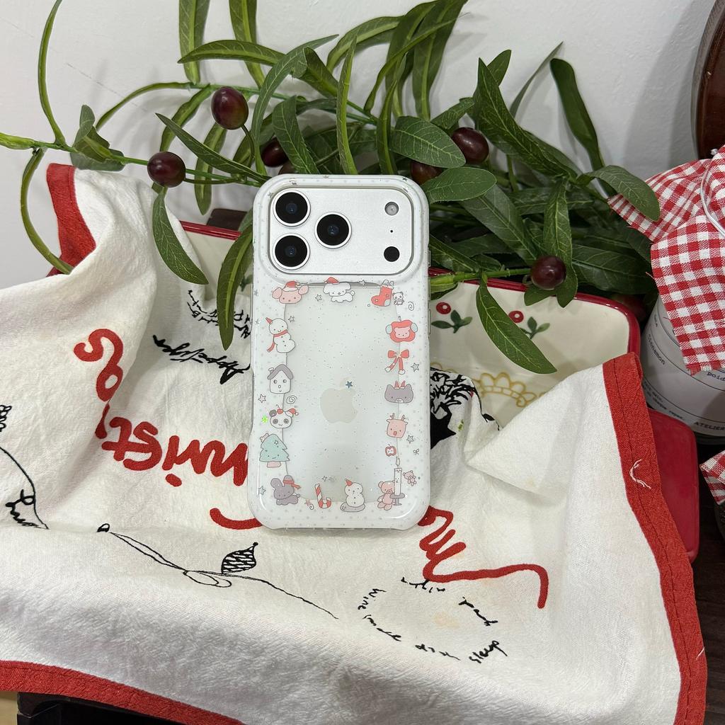 Festive Cute Cartoon White Sparkly Christmas Po Frame Phone Case for iPhone 17 16 15 14 11 12 13 Pro Max Plus Back Cover