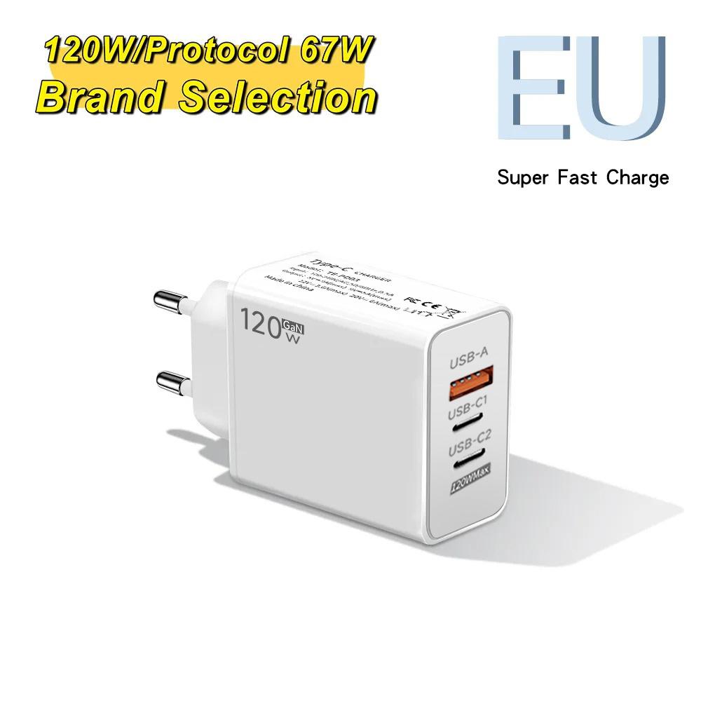 

Зарядное устройство USB GaN 120 Вт 3 порта Быстрая зарядка Зарядное устройство для телефона 6 А Кабель Type C Для Mate 40 50 60 Honor Вилка ЕС/США Настенное зарядное устройство EU Plug
