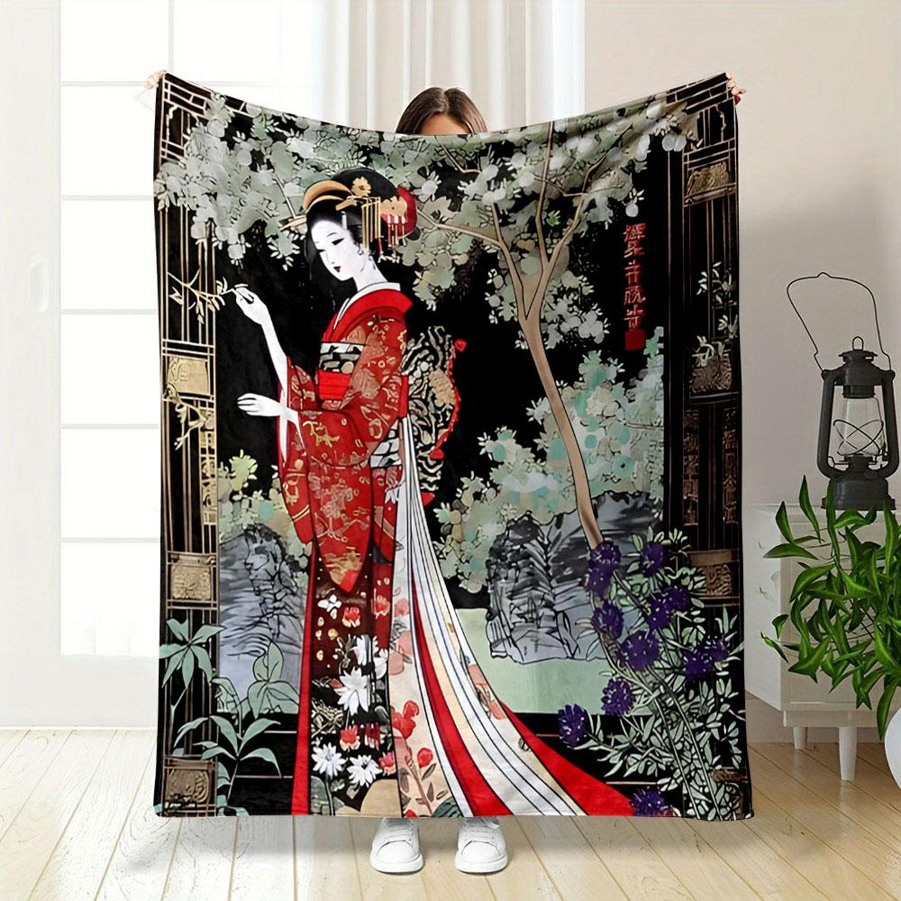 Geisha in Red Kimono Among Blossoms Patterned blanket, flannel, suitable for all seasons, home decor, warm and cozy