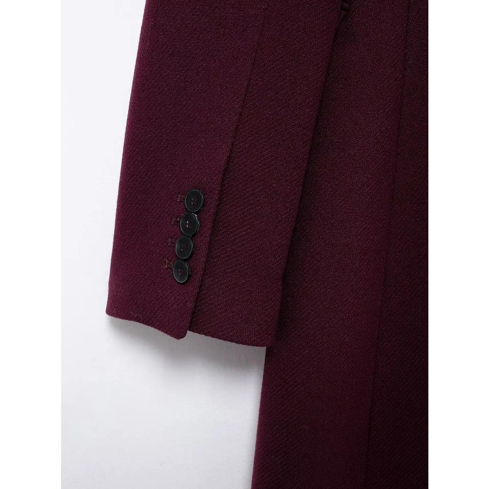 Women Fashion Burgundy Woolen Coat Double Breasted Long Sleeve Lapel Blends Jacket Autumn Winter High Street Outerwear
