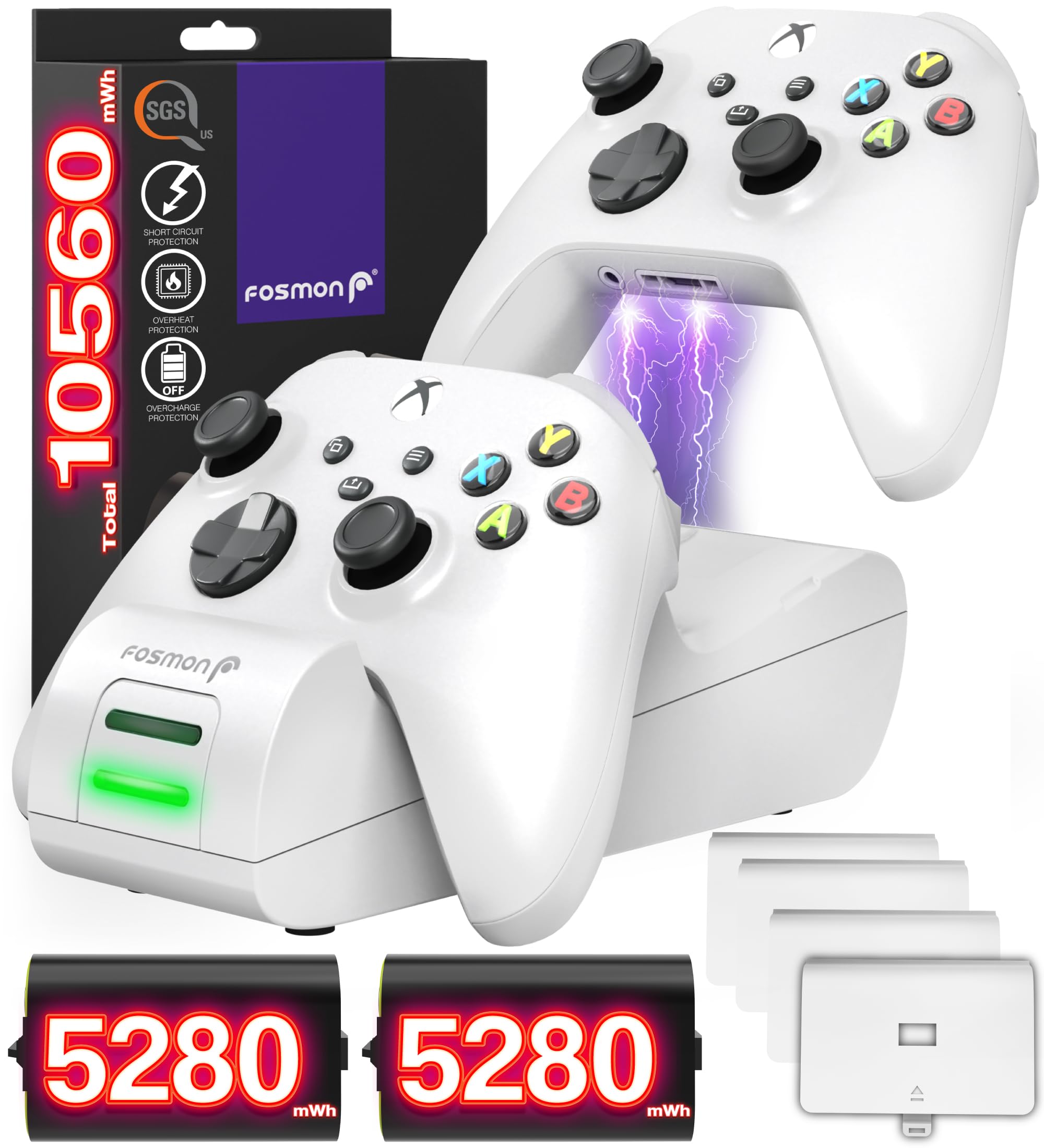 

Fosmon Dual 2 Max Charging Stand for Xbox Series Xbox S Elite Place and Charge Charge Two Controllers 2200mAh Rechargeable LED Fast Charging Stand X/S білий