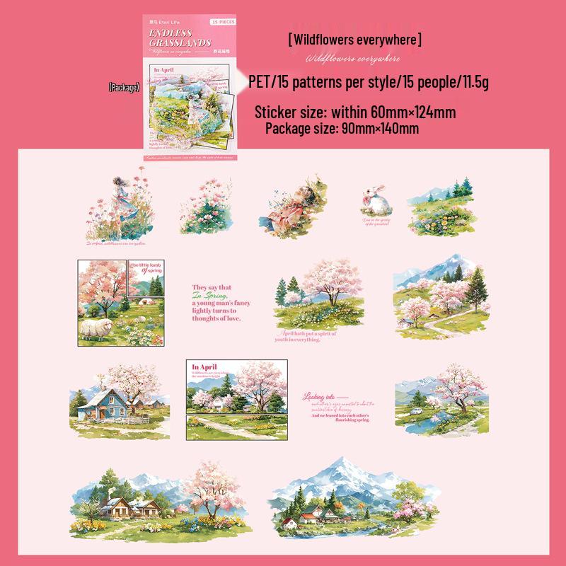 Yi Niao Pet Sticker Pack: Endless Prairie Series - 6 Styles, 15 Sheets, Seasonal Scenery Landscaping Stickers