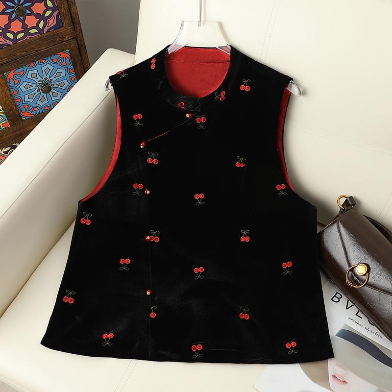 

New Chinese Style Silk Velvet Cherry Embroidered Sleeveless Vest for Women 3XL (Weight 120-135 Jin) чорний
