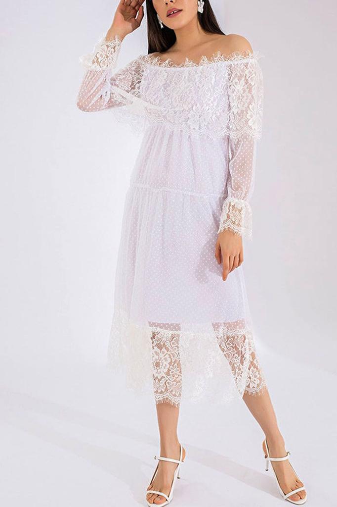 Damen Übergröße Kleid Weißer Madonna-Kragen Guipure-Detail Kleid