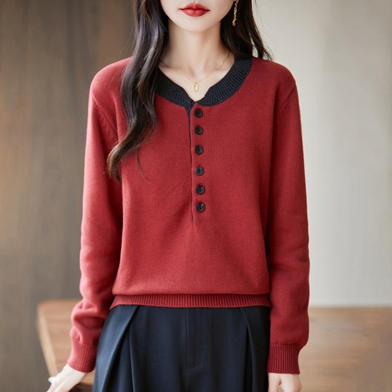 

Новый свободный и теплый свитер-топ для женщин с вязаным свитером-двойкой с цветными блоками XL красный