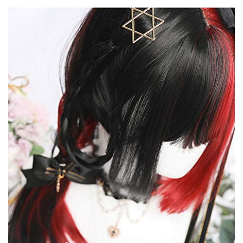 Harajuku-style GAL-kei women's full wig, long, straight, black, red, and double-colored, Lolita style.
