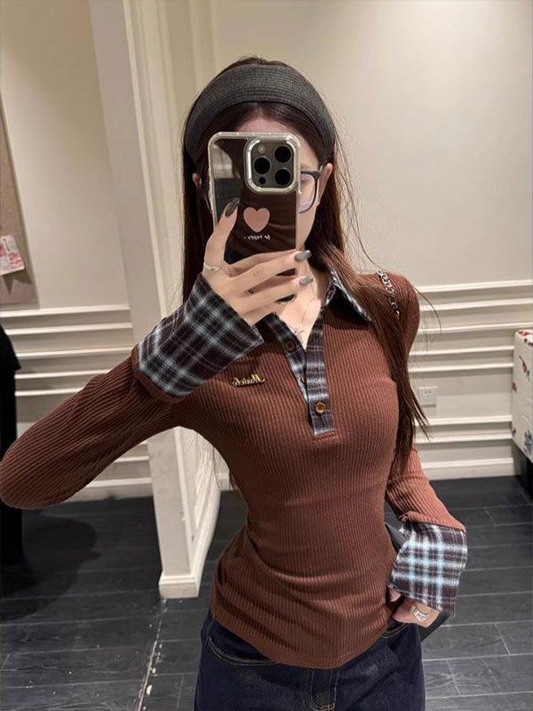 Women's Red Plaid Polo Collar Faux Two-Piece Slim-Fit Top for Autumn/Winter