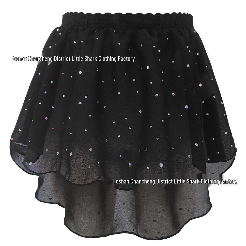 Conjunto de Gimnasia para Niñas de Manga Larga con Falda de Lentejuelas - Dos Piezas con Correas Cruzadas Múltiples
