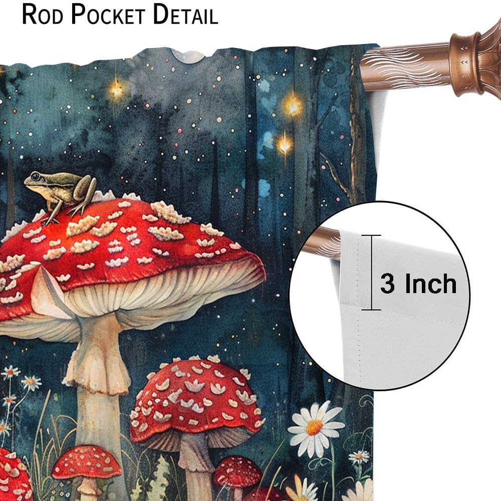 Rustic Mushroom Frog Daisy Curtains Vintage Watercolor Spring Misty Forest Wildlife Frogs Printed Perforated Curtai Room Darkening Made Of Polyester