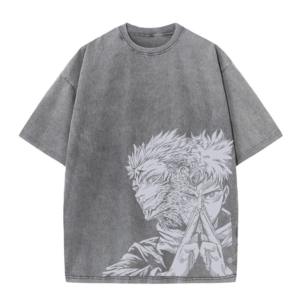T-shirt Lavé d'Été Impression Graphique Anime Streetwear Vintage Oversize Homme Mode Coton Haut T-shirt Noir