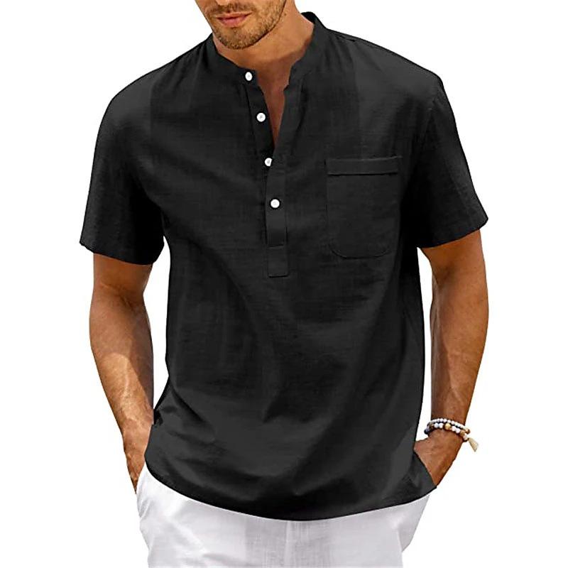 

Men s Summer Cotton Linen Stand Collar Short Sleeve Pullover Shirt M чёрный