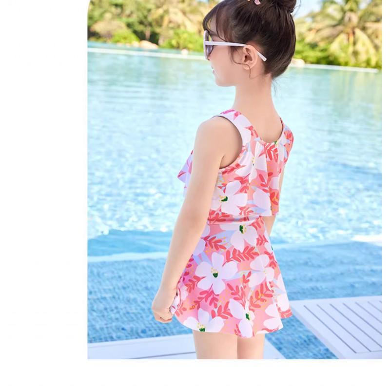 Girls One-Piece Swimsuit With Floral Print Sleeveless Ruffled Trim Tummy Control Design Swimming Water Play