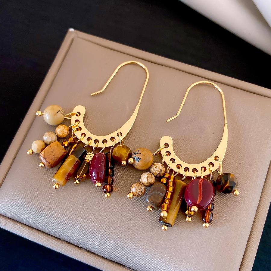 Серьги с бахромой из бусин, камень тигровый глаз, этнический стиль, ретро, серьги, женские, дизайнерская концепция серег, нишевые