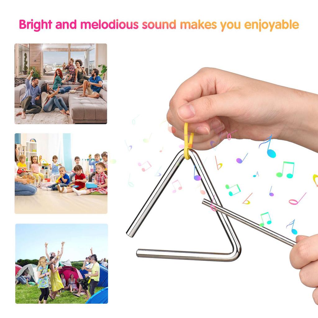 8 Inch Triangle Bell Triangolo with Metal Mallet Idiophone Steel Percussion Children Toddle Kid Rhythm Learning Early