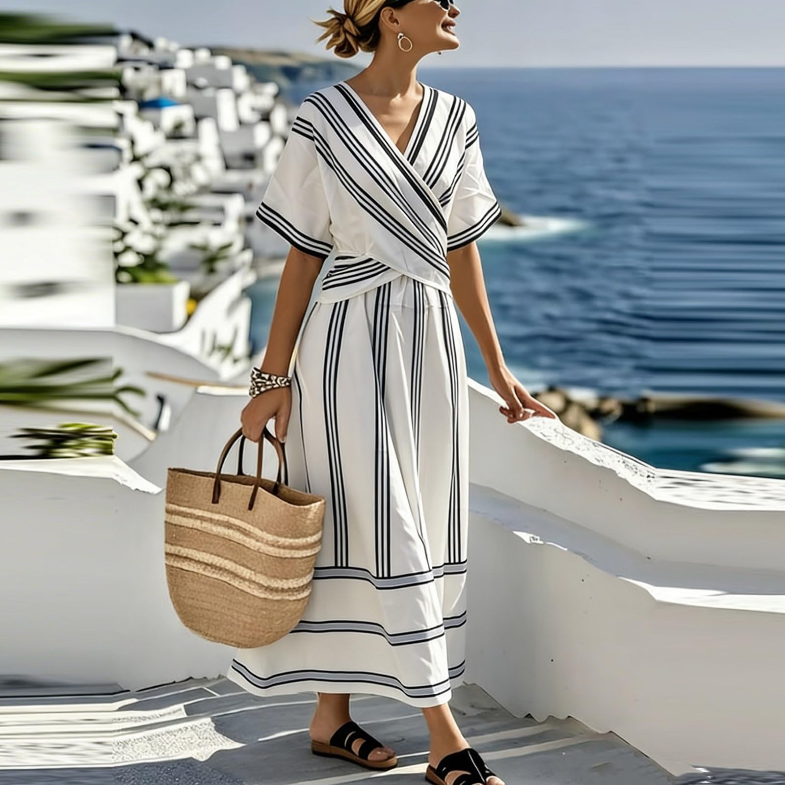 

Women Casual V Neck Short Sleeve Dress Pleated Waistband Flared Hem Maxi Dress Comfortable Loose Fit Summer Vacation Dress L чёрный